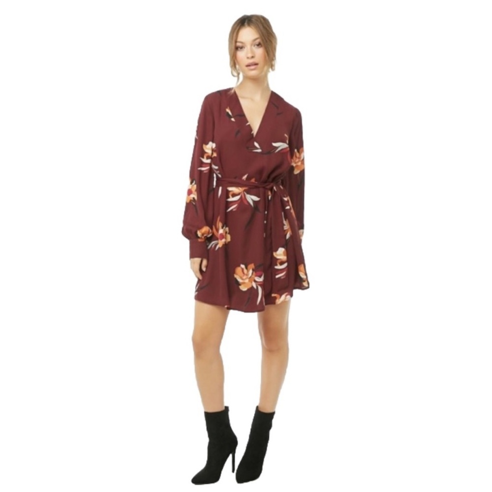 FOREVER 21 Contemporary Burgundy Floral Print Long Sleeves Dress